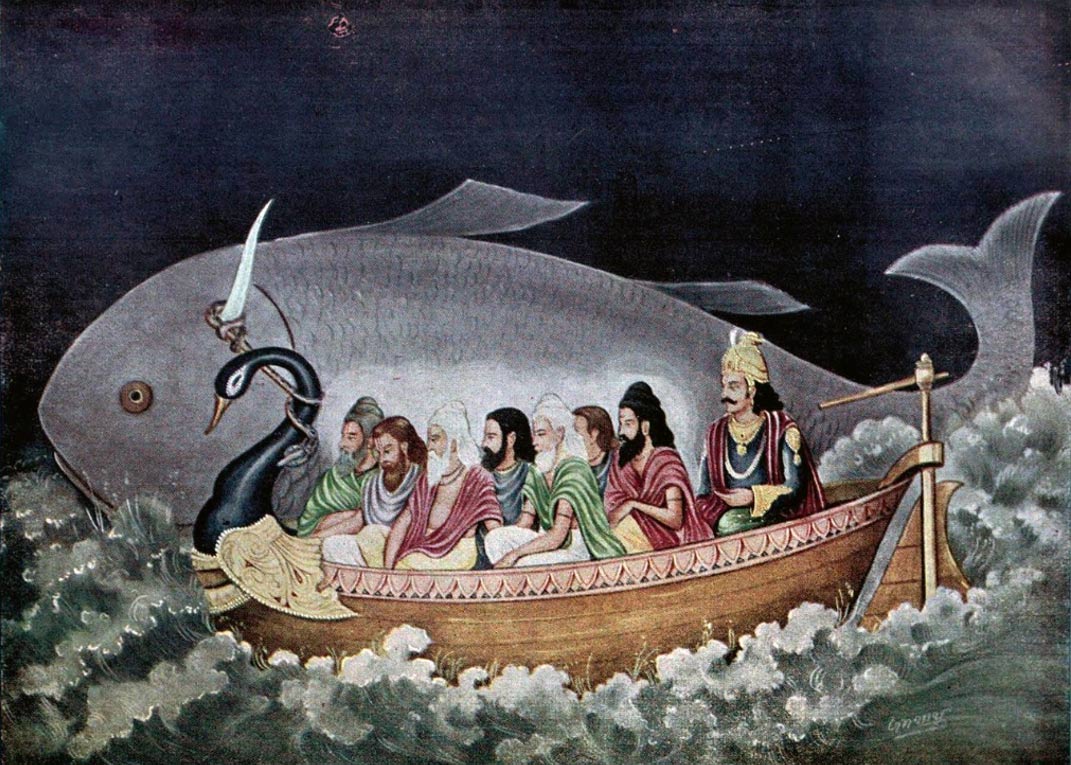 Matsya proteger Svayambhuva Manu y los siete sabios en el momento del diluvio 