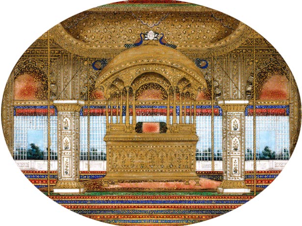 Pintura de la segunda trono del pavo real del Fuerte Rojo de Delhi, India.  (1850) La primera Trono del Pavo Real fue tomada como trofeo de guerra por el rey persa Nader Shah en 1739 y se ha perdido desde entonces.