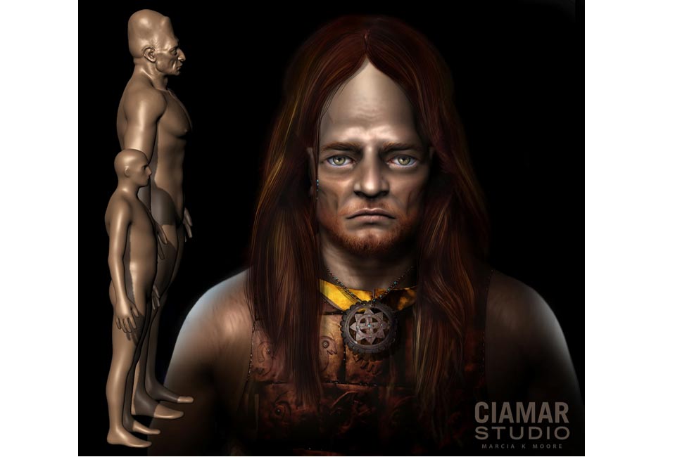 3d Digital Sculpture of Giant with hair, copper breastplate, and gorget. Image courtesy of Marcia K. Moore, Ciamar Studio. 