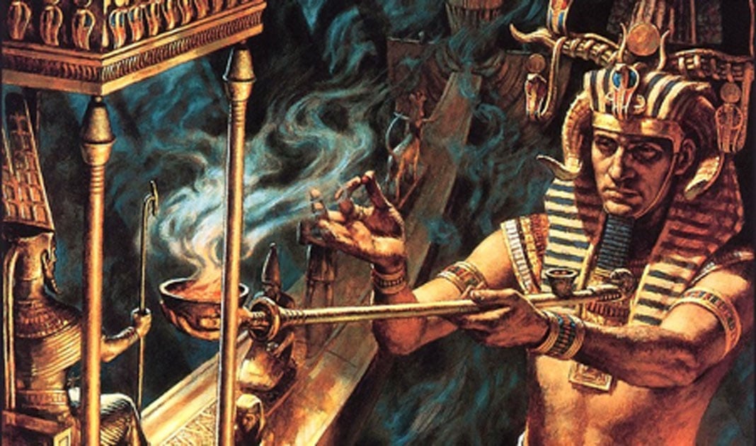 An artist’s imaginary depiction of a pharaoh burning herbs (possibly cannabis or blue lotus) in a ritual. 