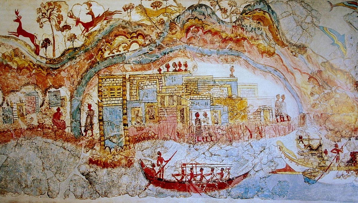 Descriptive: Fresque complexe et coloré, a révélé à Akrotiri.
