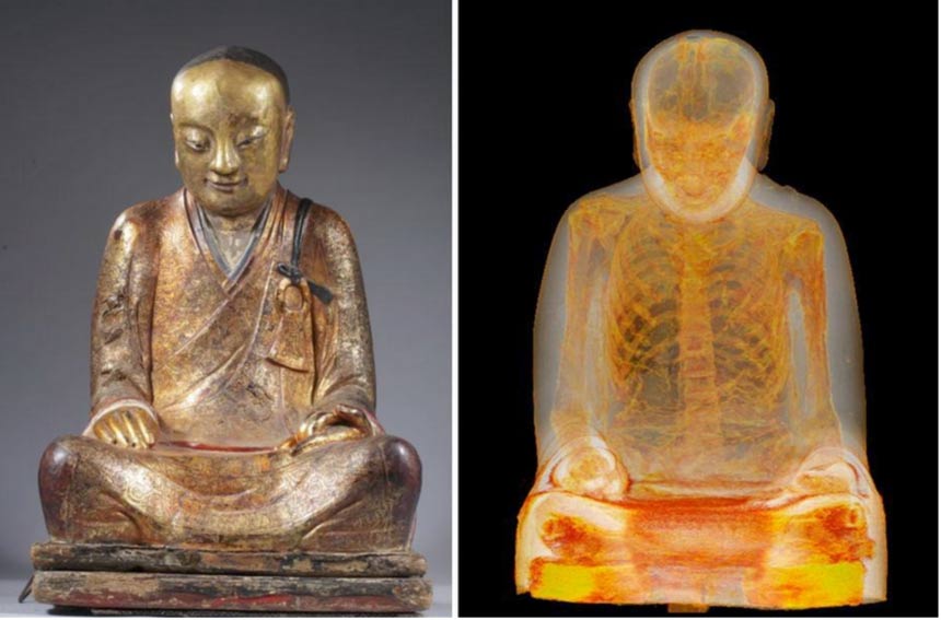 Mummified buddhist master Liuquan. Statue (L), CT scan (R). (Photos: Drents Museum)