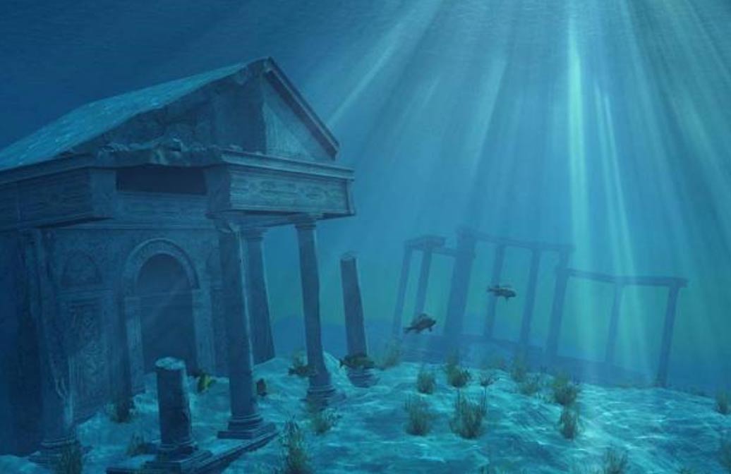 la representación del artista de las ruinas submarinas.