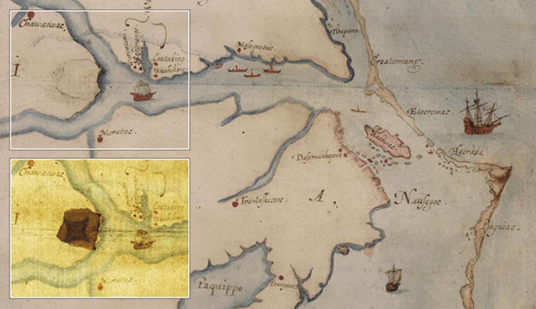 Researchers at the British Musuem examined John White's watercolor map using spectroscopy and found the X under a patch on the map. 