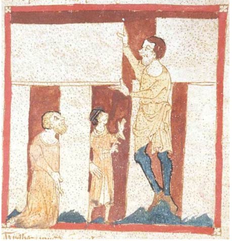 Un gigante de ayuda Merlin construir Stonehenge.  A partir de un manuscrito del Roman de Brut por Wace