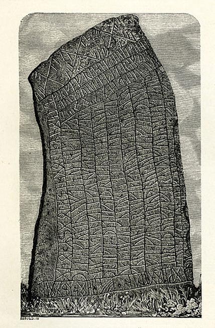 An 1877 image of the Rök runestone from Östergötland, Sweden.