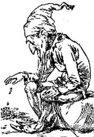 Engraving of a Leprechaun counting his gold, 1900