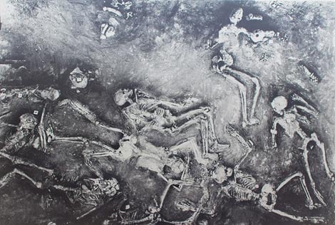 Pintura de los esqueletos encontrados en Mohenjo Daro