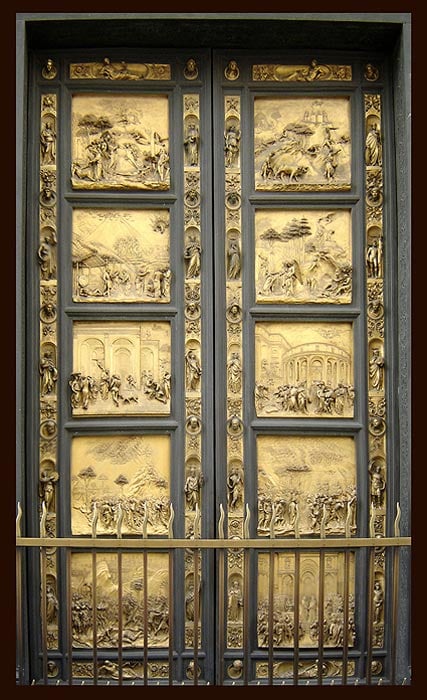 The panels of the elaborate door to the Baptistery in Florence by Lorenzo Ghiberti illustrate scenes from the Old Testament. One of the panels (left-hand-side, second from top) illustrates the life of Noah, in particular the period after the Great Flood when Noah returns to dry land with the help of God. Strangely, the Ark is depicted as a pyramid.