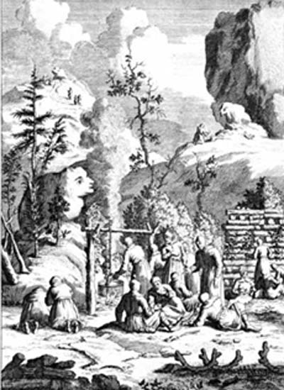 A depiction of the primitive tradition in Finland of holding ceremonies near rocks formations that look like humans or animals.