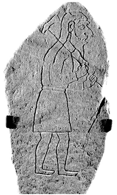 The six–foot boulder depicts the a man clad in a sleeved garment. He seems to be walking and carrying an axe. The art is believed to date back to about 700 AD.