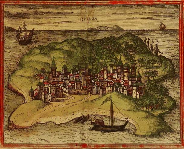 A 1572 depiction of the city of Kilwa from Georg Braun and Frans Hogenberg's atlas ‘Civitates orbis terrarum’