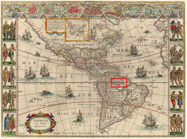 1621 mapa de Willem Blaeu mostrando lago Parima a caballo entre el ecuador, con "Manoa al Dorada" en la costa norte, justo debajo del lago Casipa.