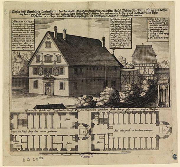 1627 engraving of the malefizhaus of Bamberg, Germany. This is one location where suspected witches were held and interrogated.