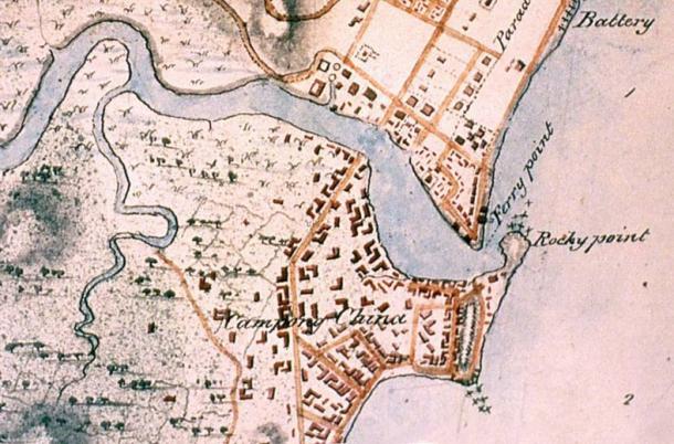 Un mapa de Singapur 1825 que muestra la ubicación de Rocky Point, en la desembocadura del río Singapur, donde la losa de piedra arenisca se levantó.