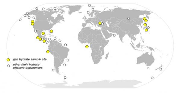 A 1996 map showing worldwide distribution of confirmed or inferred offshore gas hydrate-bearing sediments.