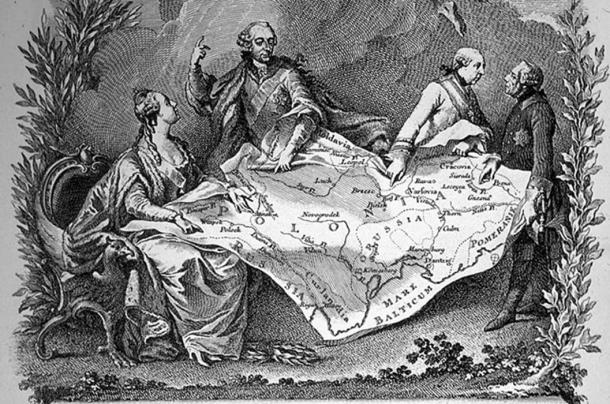 Allegory of the 1st partition of Poland, showing Catherine the Great of Russia (left), Joseph II of Austria and Frederick the Great of Prussia (right) quarrelling over their territories.