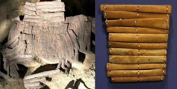 Izquierda: la armadura ósea 4.000 años de edad que se encuentra en la ciudad siberiana de Omsk (Siberia El Times).  Derecha: armadura de hueso desde el norte de Alaska en una exposición en el Museo Glenbow, Calgary, Alberta, Canadá.