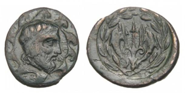 A coin from Helike. Obverse: Head of Poseidon; Reverse: A trident.