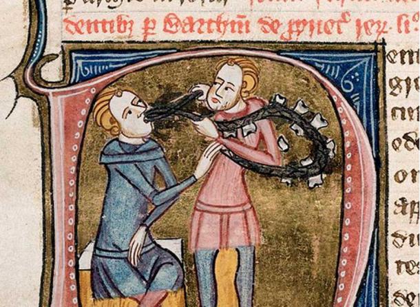 A dentist with silver forceps and a necklace of large teeth, extracting the tooth of a seated man, 1360-1375.
