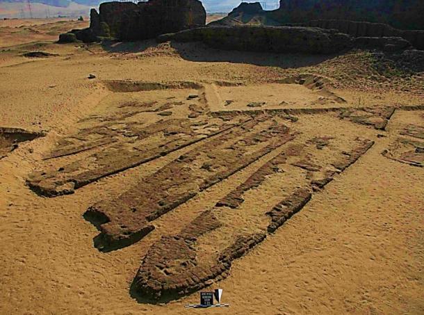 Some of the Abydos boats in their brick-built graves.