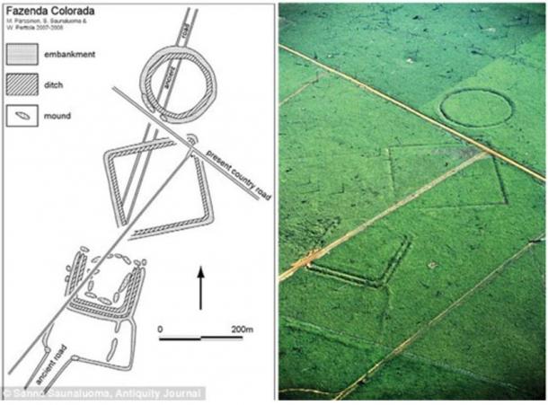 Aerial photograph and plan of earthworks at Fazenda Colorada, which is made up of clear geometric shapes. Excavations suggest inhabitants lived in the three-sided square.