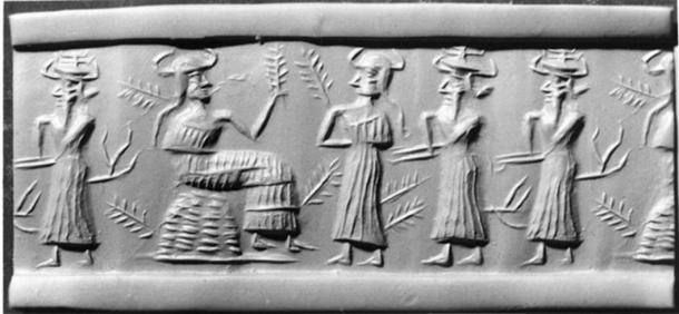 En este sello acadio, una diosa de la vegetación sentada es saludada por otras tres deidades.  Los tallos de grano brotan de las hembras, mientras que las ramas de los árboles crecen de los machos, tal vez en referencia a un mito específico.  (Dominio publico)