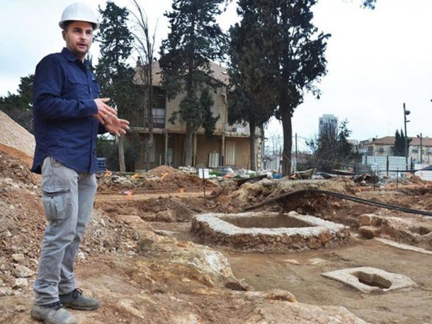 Alex Wiegmann, excavation director, at the winepress uncovered in the Schneller Compound, Jerusalem.
