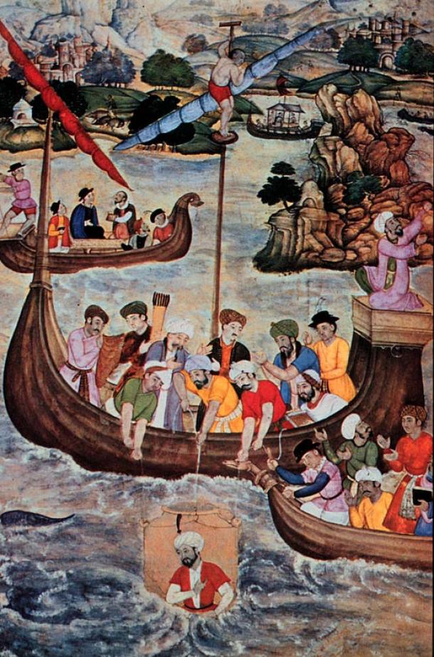 Pintura islámica de Alexander siglo 16 la Gran bajó en una campana de buceo vidrio.
