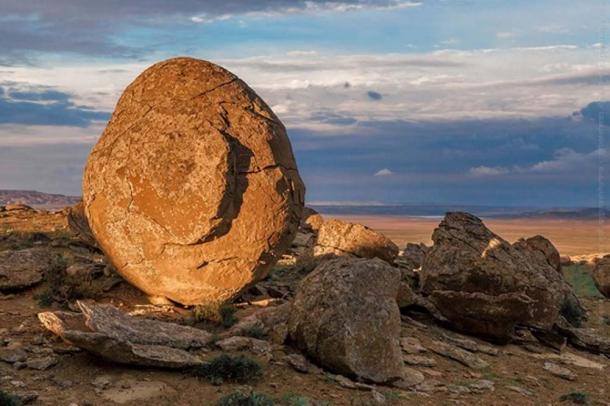 An egg-shaped concretion in the Valley of Balls, Torysh Valley, Kazakhstan.