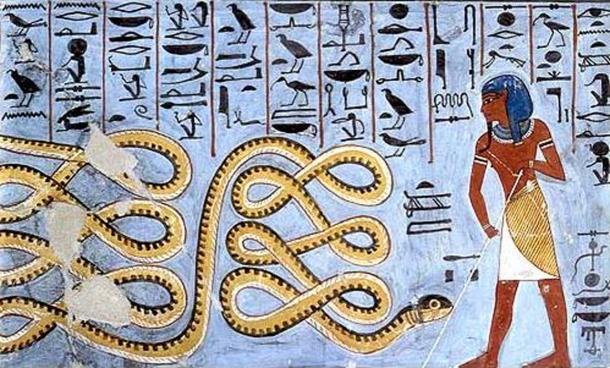 Ancient Egyptian art depicting Apep being warded off by a deity.