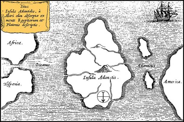 Athanasius Kircher's map of Atlantis from Mundus Subterraneus (1669) drawn with south at the top.