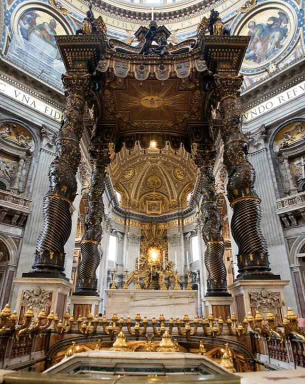 Situated in the basilica of St Peter is the Baldachin, a sculpture in bronze by Bernini, created 1623-34, depicts seven sculptures showing a woman’s facial expression whilst going into labour. The eighth sculpture is that of a child.