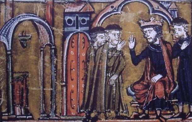 BaldwinII ceding the location of the Temple of Salomon to Hugues de Payns and Gaudefroy de Saint-Homer. The fourth person is Warmund, Patriarch of Jerusalem.