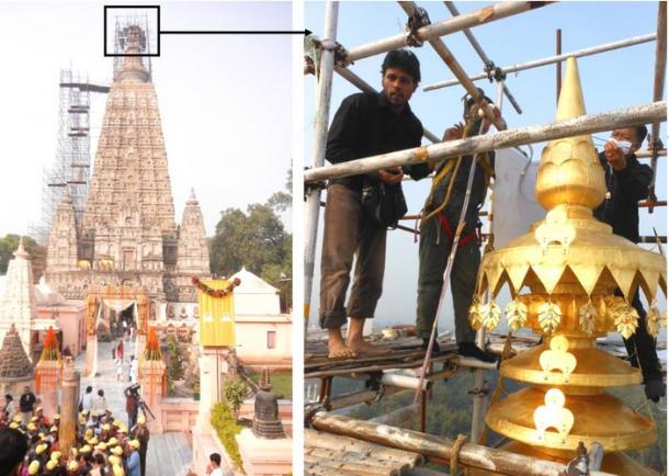 Vista general del templo de Bodhgaya y el trabajo en curso para el chapado en oro sobre el pináculo del templo, Gaya, Bihar