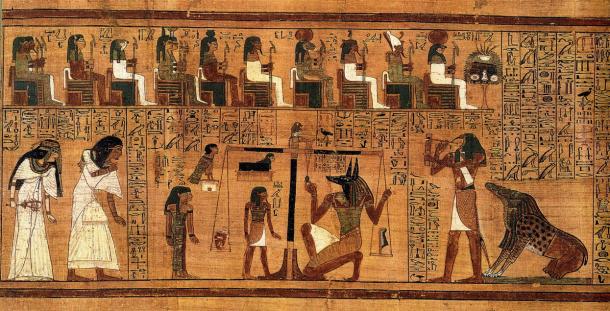 Extracto del "Libro de los Muertos", escrito en papiro y que muestra el "pesaje del corazón" por medio de la pluma de Maat como la medida para el contrapeso.