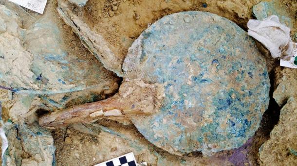 Bronze mirror with an ivory handle found in the grave of the warrior.