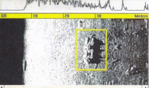 Building complex similar to Maya buildings in Yucatan Mexico. Image scanned at approximately 130 feet under the ocean off the coast of Bimini.