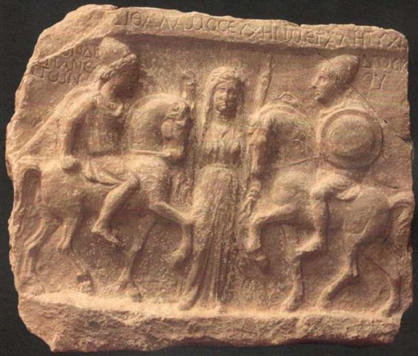 Castor and Pollox; Votive plate with Dioscuri and Artemis, found in Demir Kapija, Macedonia. 