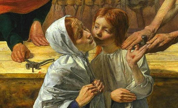 En esta representación de "Cristo en casa de sus padres", de John Everett Millais (carpintería en el fondo) Jesús se muestra como un niño justo, pelirrojo.