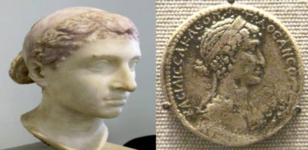 [Izquierda] Busto cree que es de Cleopatra VII, Altes Museum, Berlín.  (Dominio Público) [derecha] Una tetradracma de Cleopatra VII.  (De dominio público)