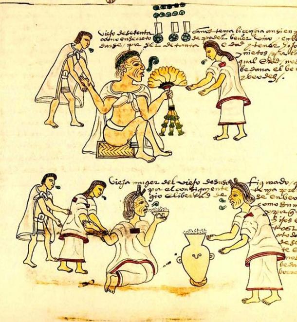 An illustration from the Codex Mendoza showing elderly Aztecs smoking and drinking. The Aztecs wore loincloths with and without outer garments.