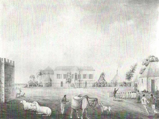 Codrington village depicting part of the castle ca. 1818.