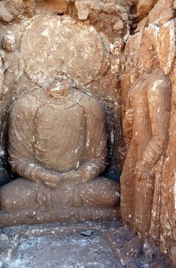 Damaged stucco sculptures of Buddha at Bhamala.
