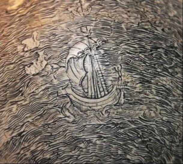 Detail of a ship in the eastern Indian Ocean on the egg globe. Image credit: Washington Map Society