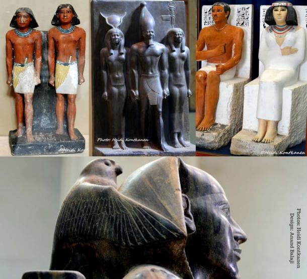 (Clockwise) Double statue of Nimaasted, priest in the pyramid complexes (5th Dynasty, Saqqara); the Menkaure triad represents the king with goddess Hathor and a patron deity (4th Dynasty, Giza); dyad of Ra-Hotep and Nofret (4th Dynasty, Meidum). (Bottom) This perfectly modeled statue depicts Khafre, the builder of the second largest pyramid, protected by Horus (4th Dynasty, Giza). Egyptian Museum, Cairo.