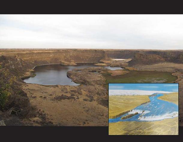 (Image credit copyright © Dustin Naef) [inset image public domain National Park Service]. Mount Shasta's Forgotten History & Legends, 2016. “Dry Falls Lake, Washington. At five times the width of Niagra Falls, Dry Falls is believed to be the greatest known waterfall on the face of the planet. It was created by catastrophic flooding around the end of the last Ice Age. It is estimated that the amount of water once flowing over Dry Falls amounted to ten times the current volume of all the rivers in the world combined.”