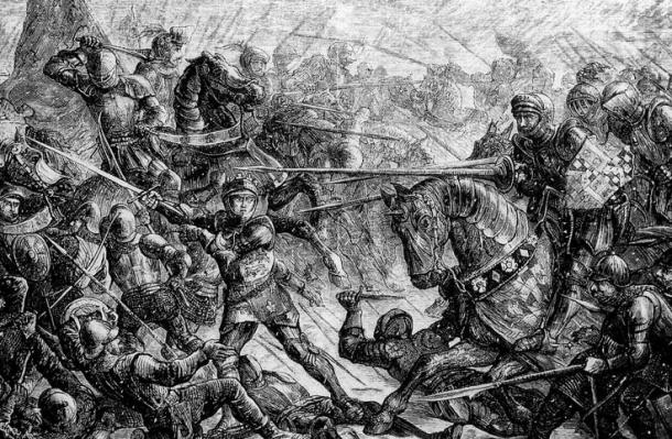 Engraving of Edward IV extolls his troops to fight their Lancastrian foes at the Battle of Towton, 29 March 1461