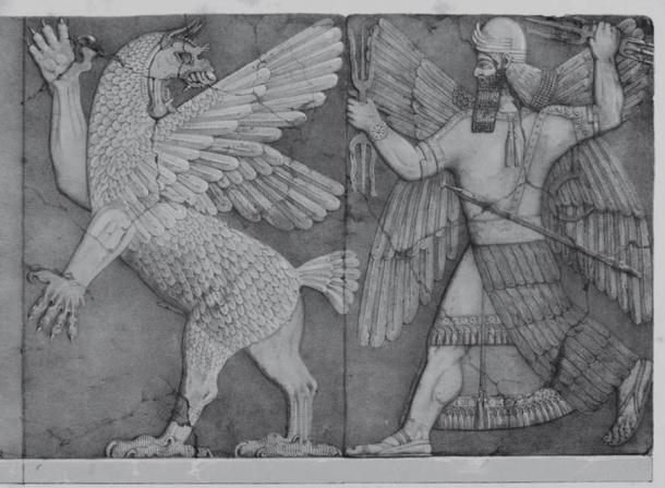 El Dios Sol batallas del Monstruo Caos.  Mitología de Mesopotamia habla de Enûma Elish, la Epopeya de la Creación