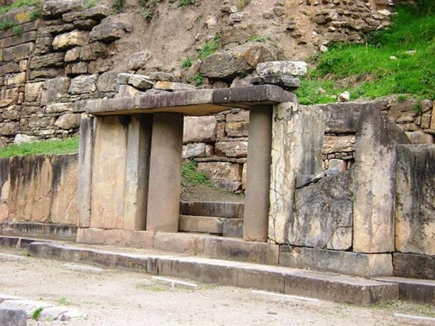 Las Falcónidas portal, New Temple, with monolithic columns, Chavín de Huántar, Peru. 